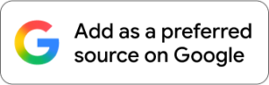 Google logo on a rounded white button with the text “Add as a preferred source on Google”.